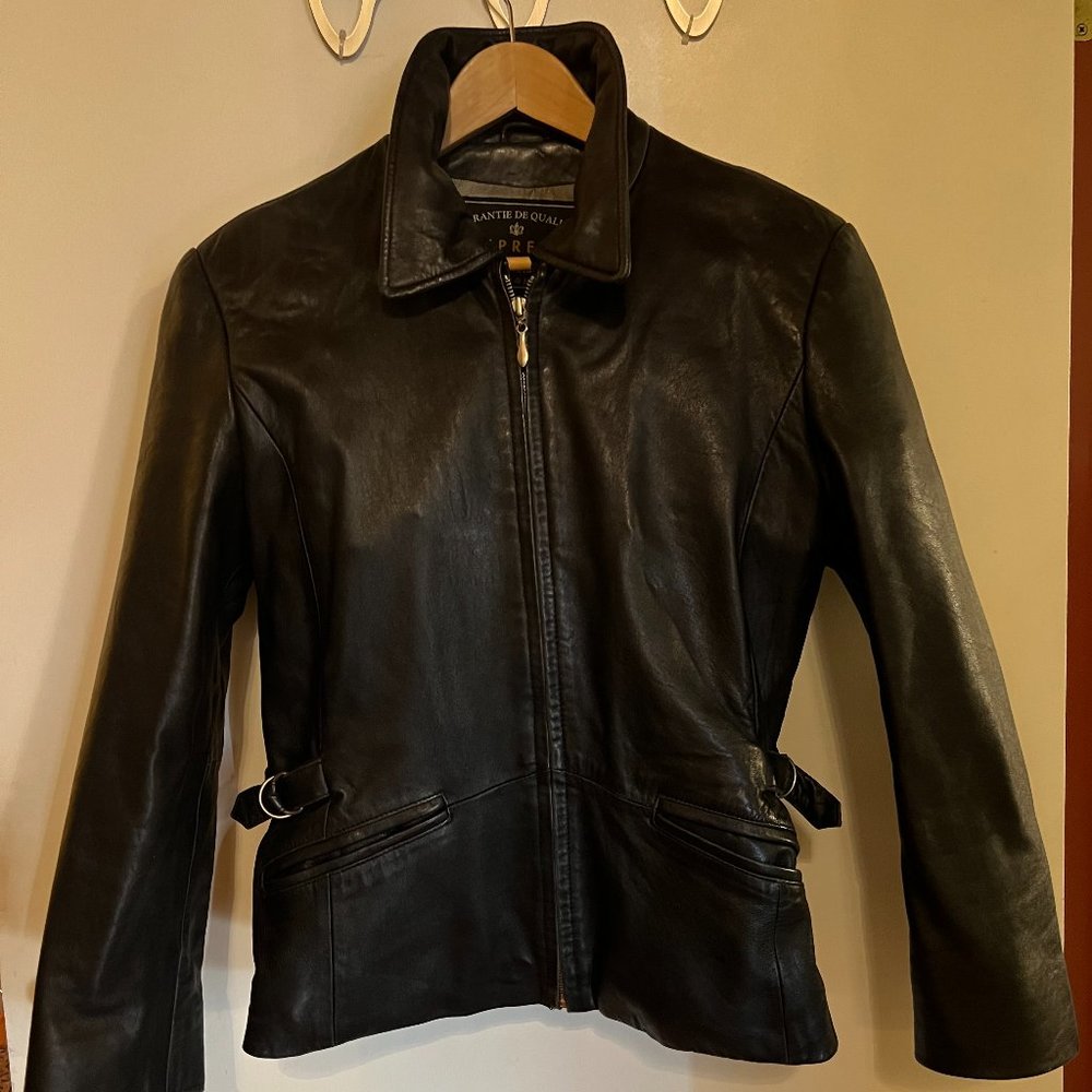 Leather Biker Jacket; soft black leather, size S, super-comfy worn.